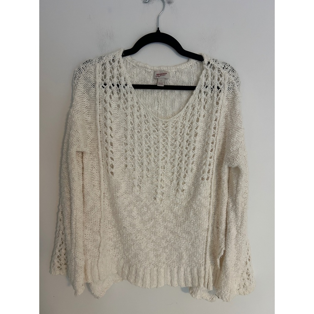 Arizona Jean Co Cream Cotton Crochet Knit V-Neck Bell Sleeve Sweater Women Small